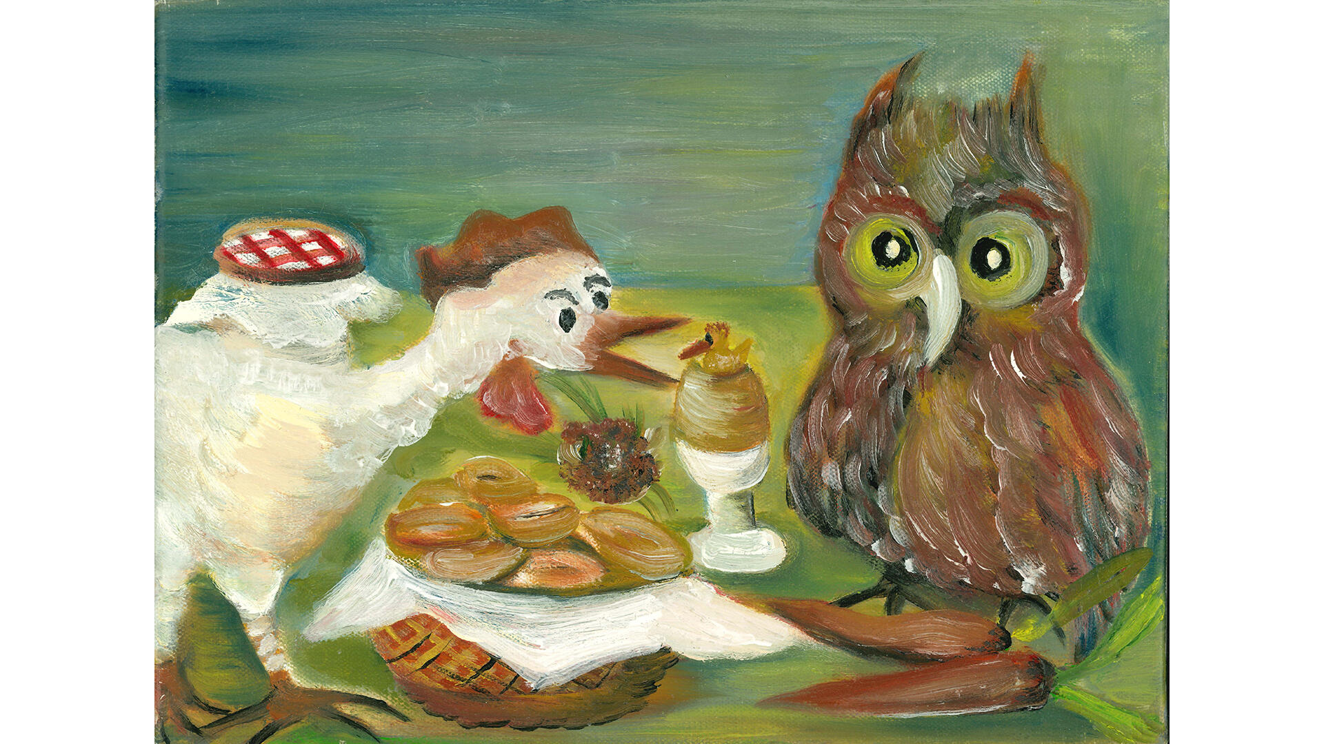 Ölgemälde mit weißem Huhn, brauner Eule auf einem Tisch sitzend, aus einem Frühstücksei guckt ein Küken hervorheraus