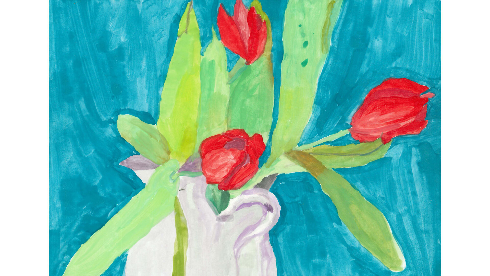 Gemälde weiße Vase mit roten Tulpen und türkisem Bildhintergrund