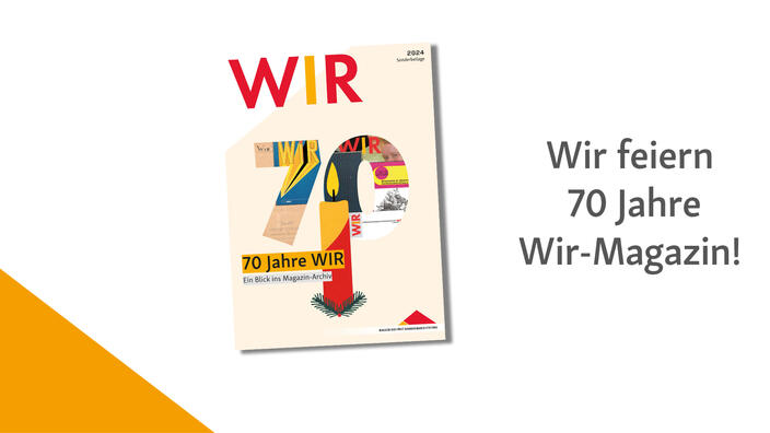 Das Titelbild der Jubiläumssonderausgabe des Wir-Magazins. Daneben der Schriftzug: Wir feiern 70 Jahre Wir-Magazin.