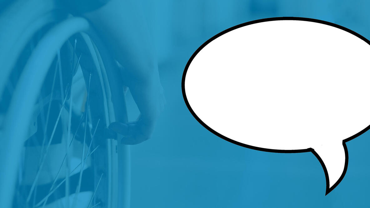 Collage: Eine Hand am Rad eines Rollstuhl, blau überlegt, rechts daneben eine Comic-Sprechblase; rechts oben in der Ecke die Logos des IMEW und der Fürst Donnersmarck-Stiftung