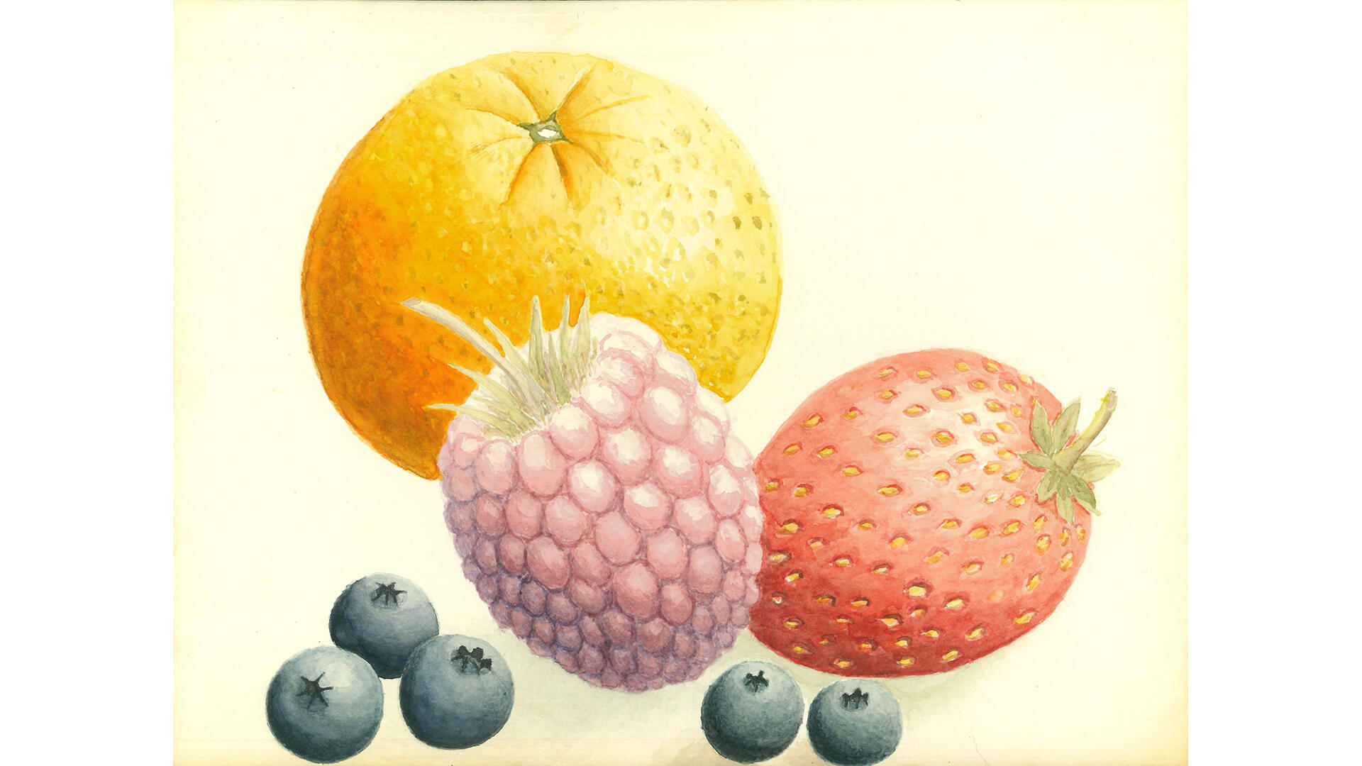 Gemälde mit Obstmotiv - Orange, Himbeere, Erdbeere, Heidelbeeren