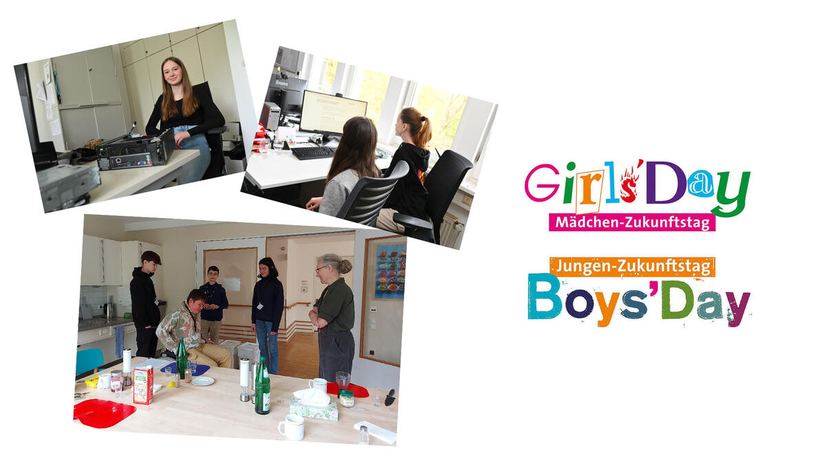Auf dem Bild sieht man eine Collage mit dem Girls and Boys Day Logo und drei Bildern mit den teilnehmenden jugendlichen.