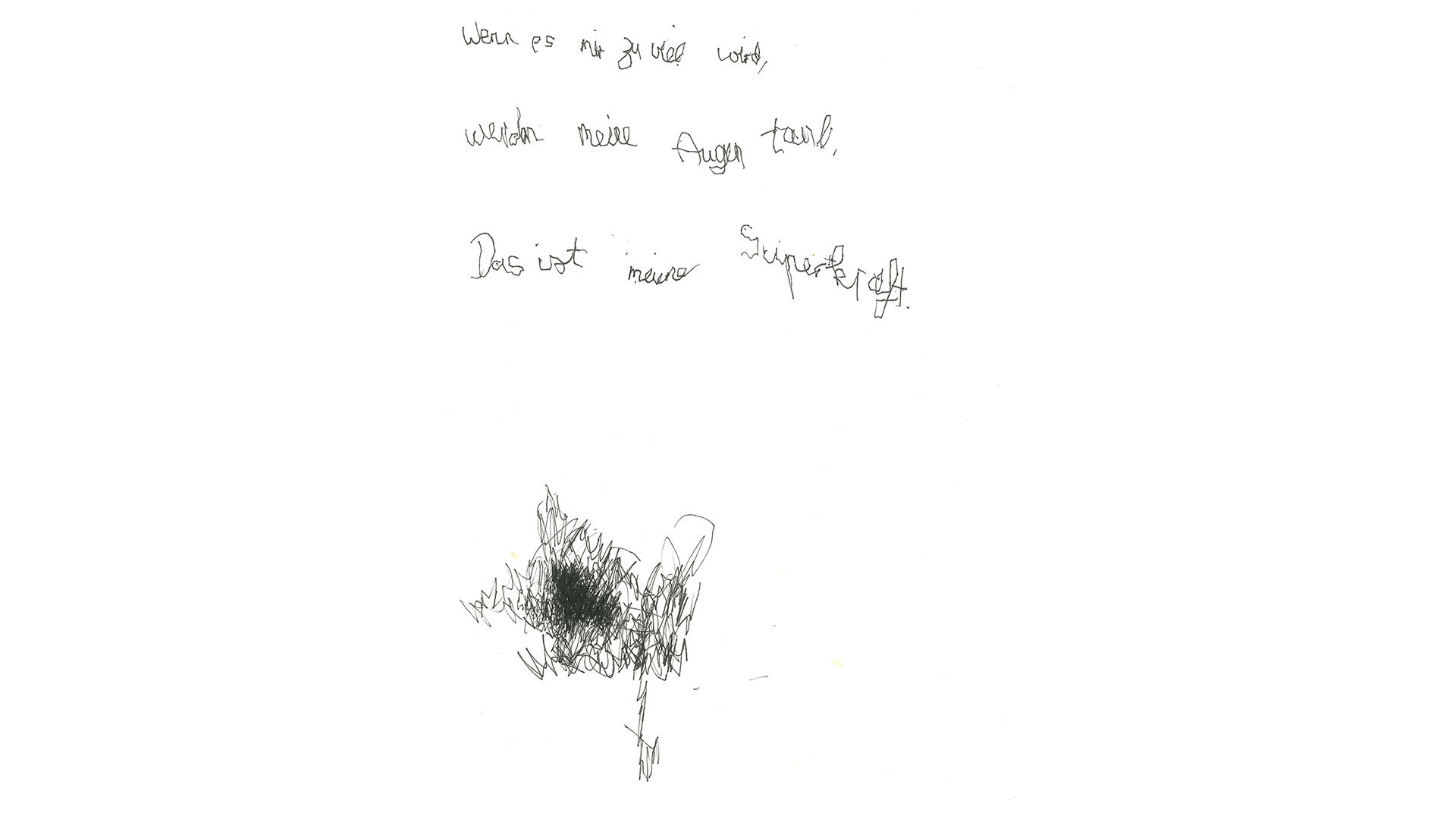 Zeichnung von Strichen, in Form eines dichten Knäuels, dazu Text: wenn es mir zu viel wird, werden meine Augen taub. Das ist meine Superkraft.