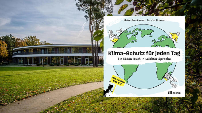 Buchcover Klima-Schutz für jeden Tag. Im Hintergrund das P.A.N. Zentrum