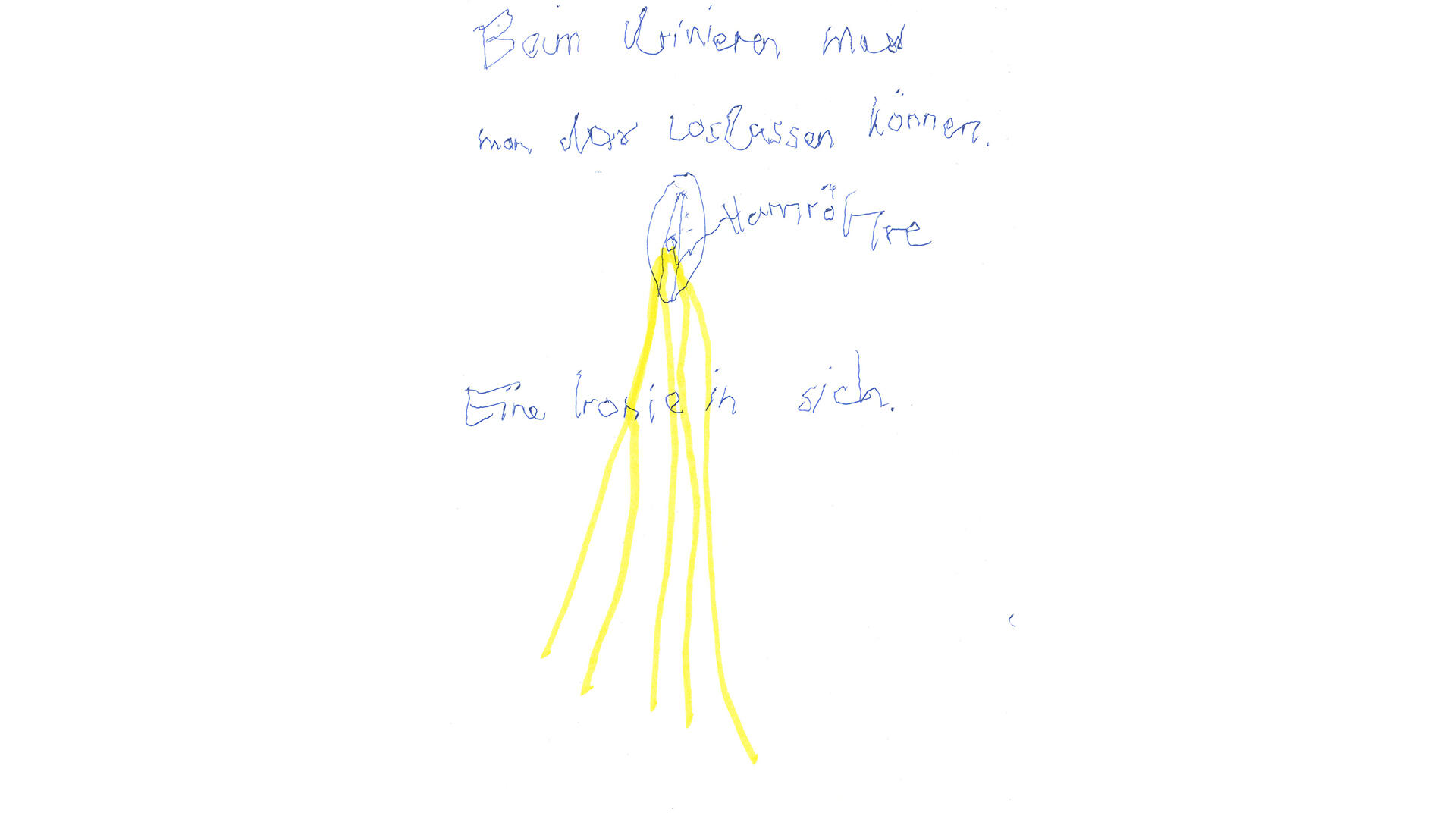 Zeichnung einer Harnröhre und eines Urinstrahls. Darüber Text: Beim Urinieren muss man das Loslassen können. Eine Ironie in sich.
