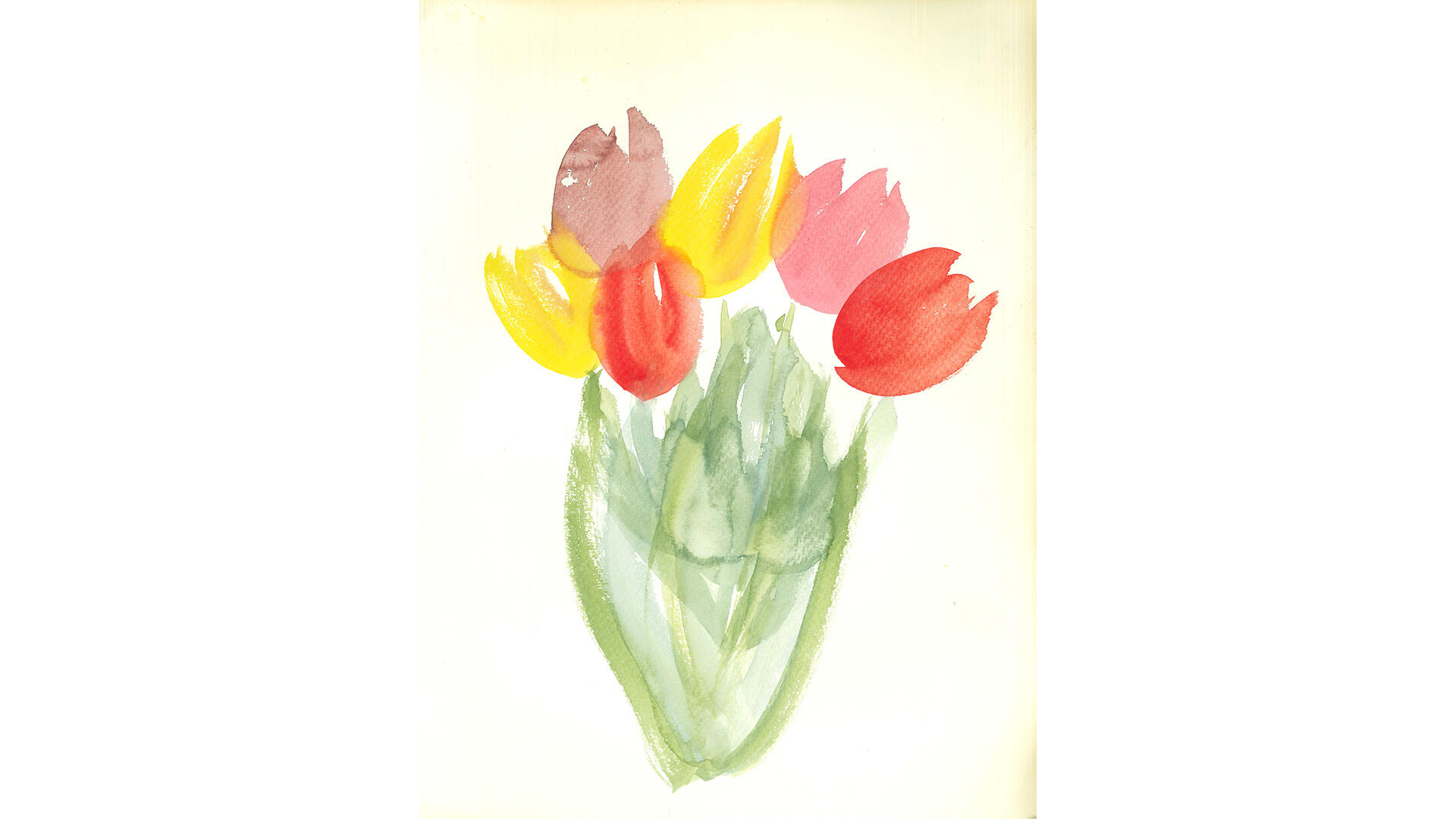 Aquarell einer Vase mit gelben und roten Tulpenn