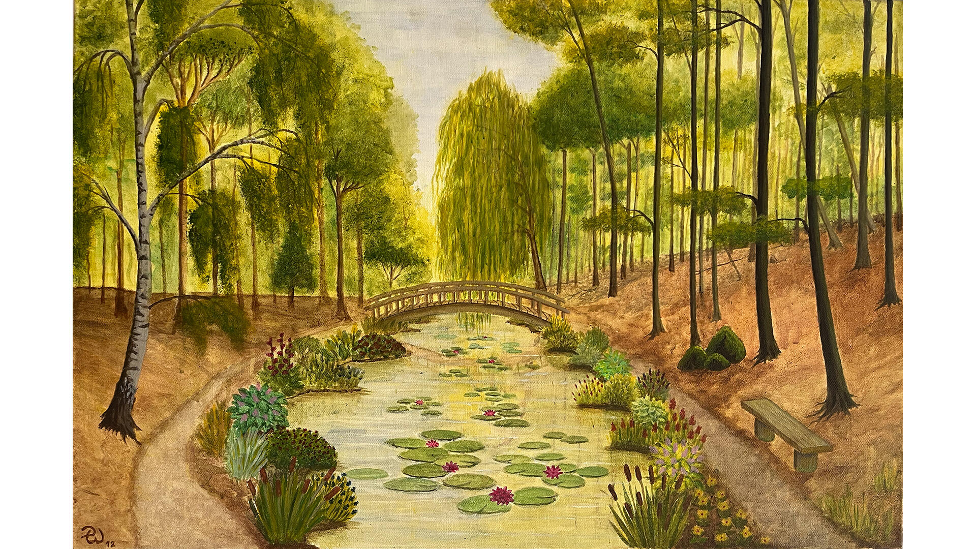 Gemälde einer fantasievollen, idyllischen Naturlandschaft mit Bäumen, Büschen, Seerosenteich und Brücke