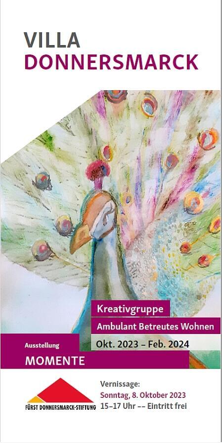 Text und Bild: Die Vorderseite des Ausstellungsflyer ABW zeigt einen bunten Pfau in Aquarell