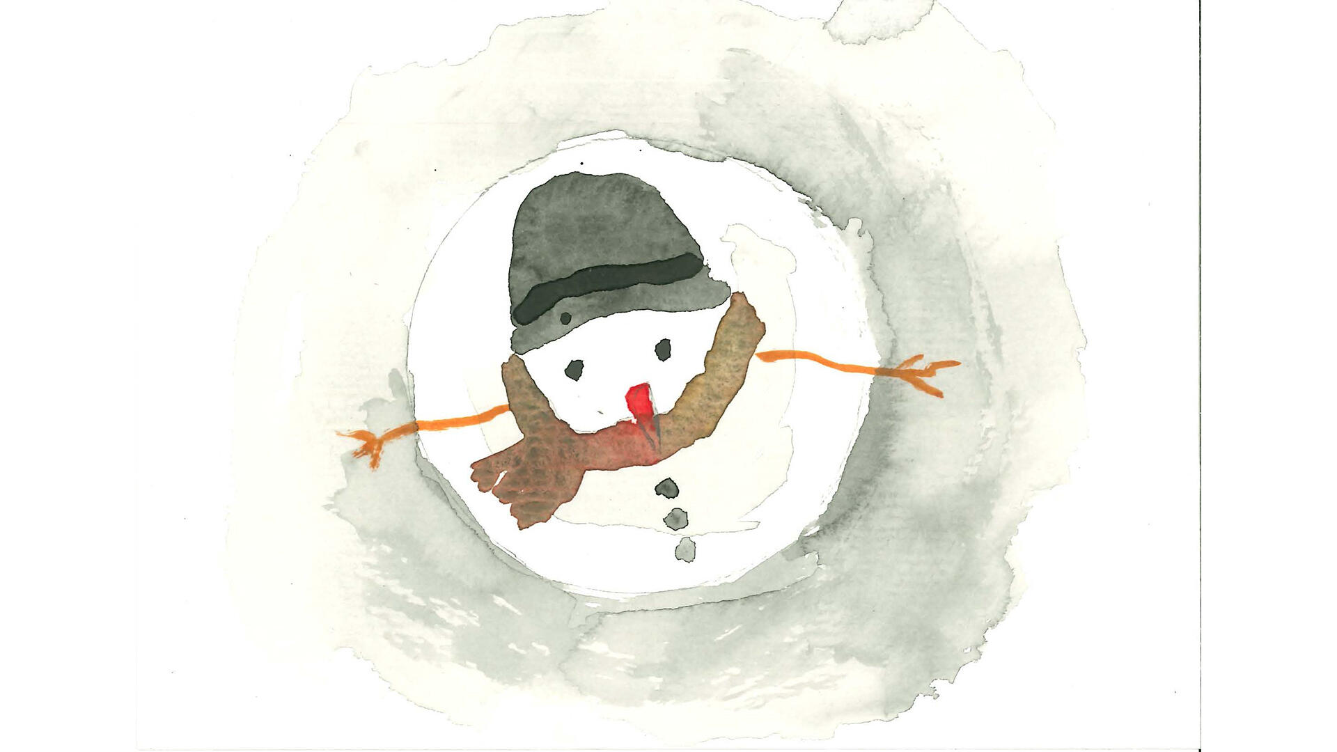 Gemälde eines Schneemanns mit Hut und rotem Schal