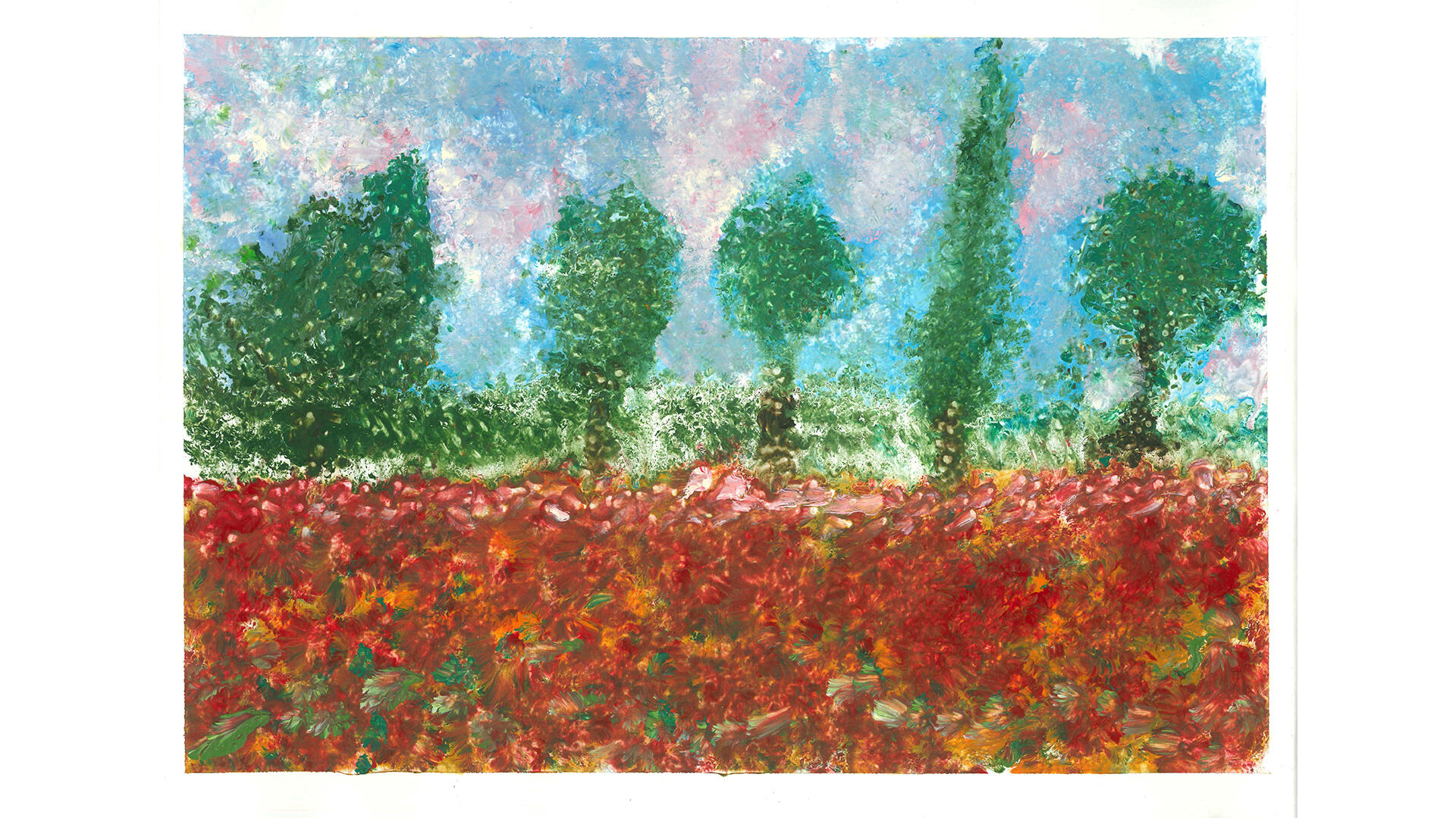 Gemälde mit braunem Feld, grünen Bäumen und azurblauem Himmel mit rosa Wölkchen dazwischen
