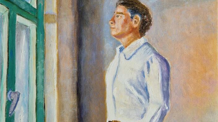 Zeichnung: Das Bild von Selma Aman, gemalt in Acryl, zeigt einen mittelalten Mann in Hemd und Jeans, der in einem Zimmer vor einem großen Fenster mit grünem Rahmen steht und nach draußen schaut