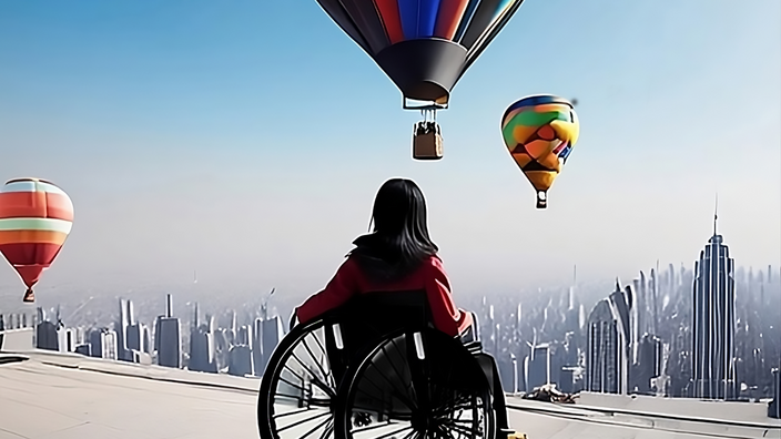 Illustration: Eine Frau im Rollstuhl von hinten schaut über die Kulisse einer großen Stadt, am blauen Himmel Heißluftballons