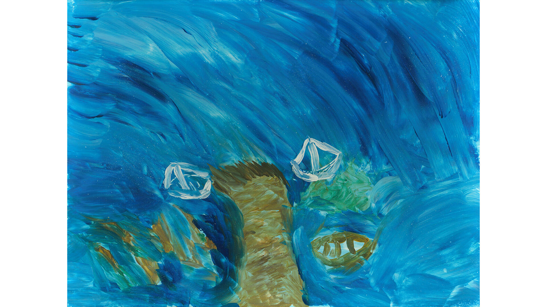Gemälde eines Steges, um den wild ein blaues Gewässer schäumt, welches Boote bewegt