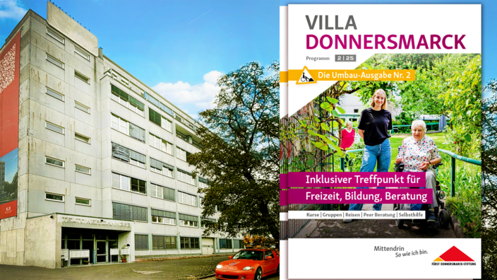 Fotocollage: Das Umbauquartier der Villa Donnersmarck, im Vordergrund die Vorderseite des neuen Programmheftes