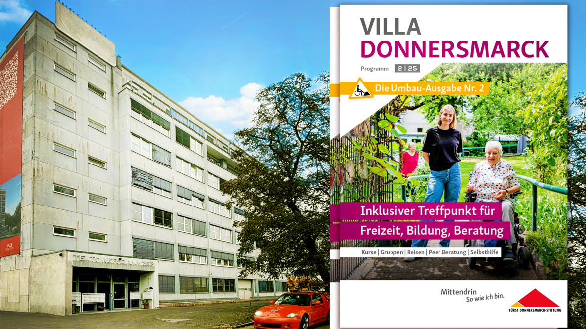 Fotocollage: Das Umbauquartier der Villa Donnersmarck, im Vordergrund die Vorderseite des neuen Programmheftes
