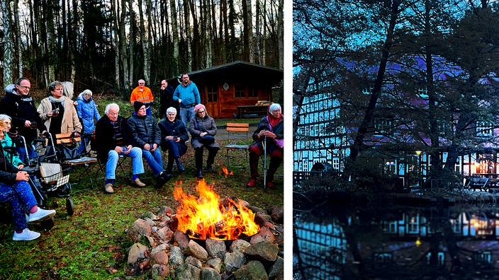 Collage: Links eine gemischte Gruppe am winterlichen Lagerfeuer, rechts die Belziger Springbachmühle in der Abenddämmerung