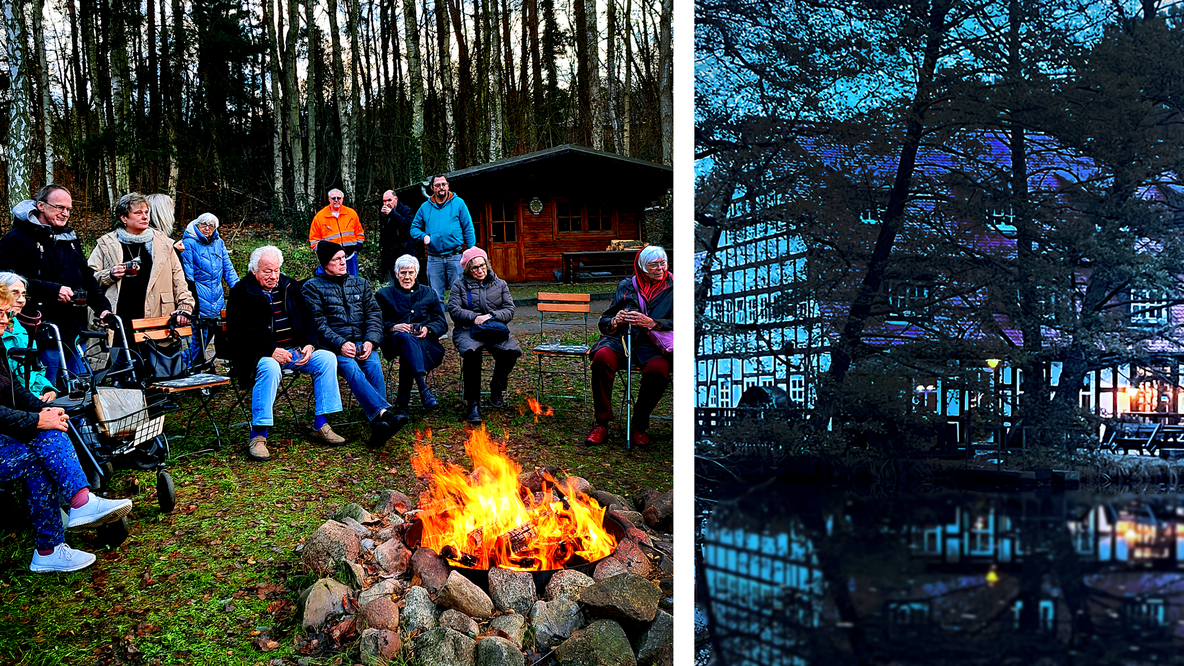 Collage: Links eine gemischte Gruppe am winterlichen Lagerfeuer, rechts die Belziger Springbachmühle in der Abenddämmerung
