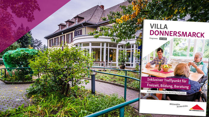 Ein Bild der Villa Donnersmark, in Vordergrund  ein Fleier der Villa.