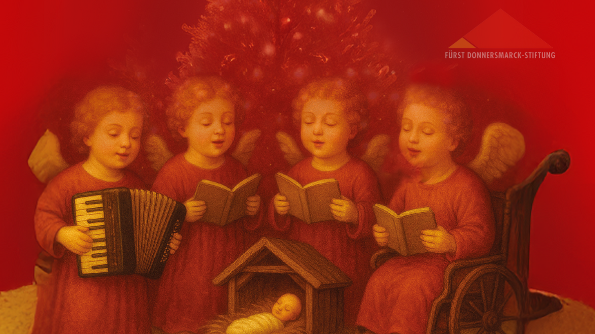 Zeichnung: Vier Renaissance-Engel sitzen an einer Krippe und singen; das Engelchen links hält ein Akkordeon, Engel rechts sitzt in einem alterümlichen Rollstuhl; im Hintergrund ist ein leuchtender Tannenbaum zu sehen