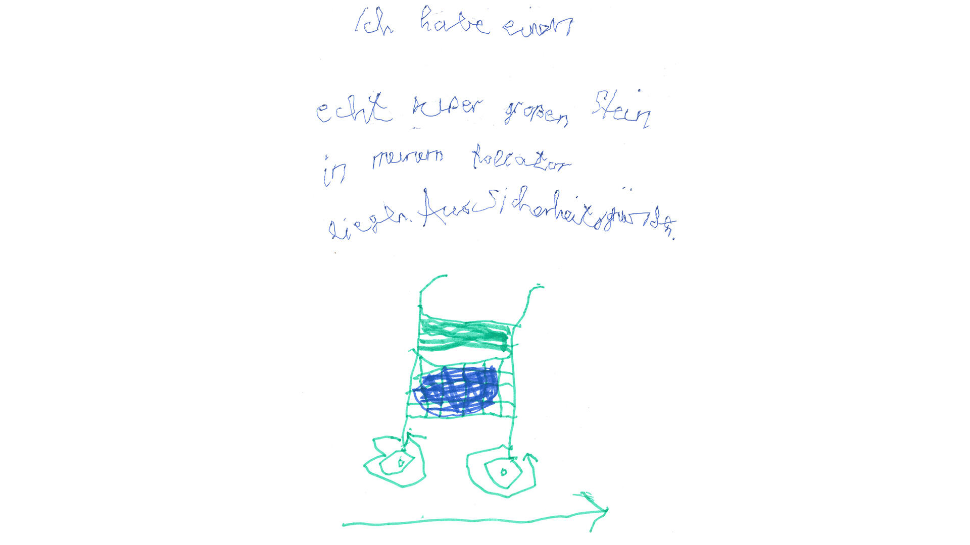Zeichnung eines Rollators plus Text: Ich habe einen großen Stein in meinem Rollator liegen. Aus Sicherheitsgründen.
