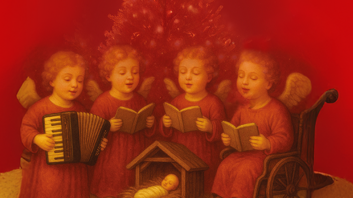 Zeichnung: Ein KI-generierters Bild von vier Engeln im Stil der Renaissance; sie sitzen um eine Krippe, der Engel links hält ein Akkordeon, der Engel rechts sitzt in einem altertümlich anmutenden Rollstuhl