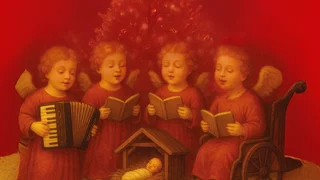 Zeichnung: Ein KI-generierters Bild von vier Engeln im Stil der Renaissance; sie sitzen um eine Krippe, der Engel links hält ein Akkordeon, der Engel rechts sitzt in einem altertümlich anmutenden Rollstuhl