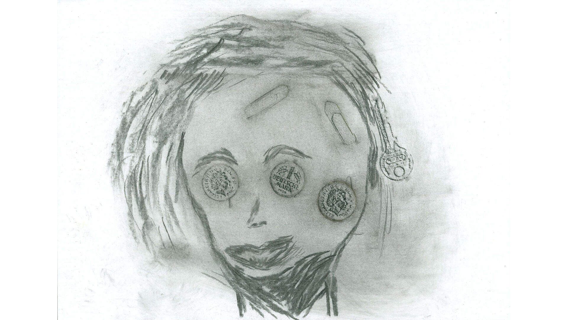 Graphitzeichnung eines Kopfes, mit Münzaugen und Büroklammern auf der Stirn