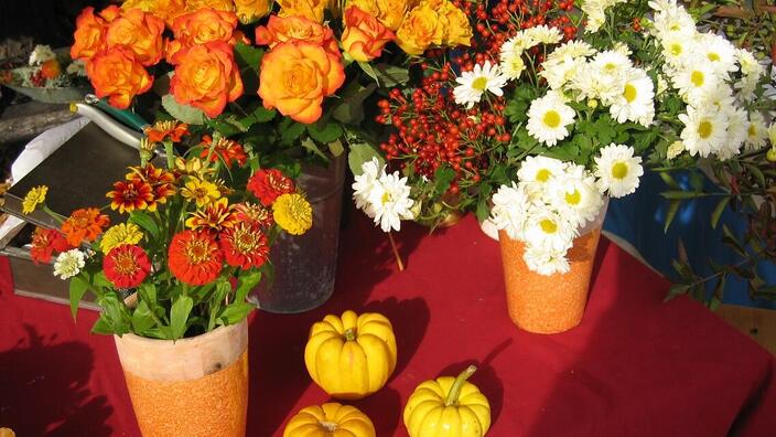 Foto: Bunte Blumengestecke in Ton-Vasen stehen auf einem roten Tisch, auf den Sonnenstrahlen fallen