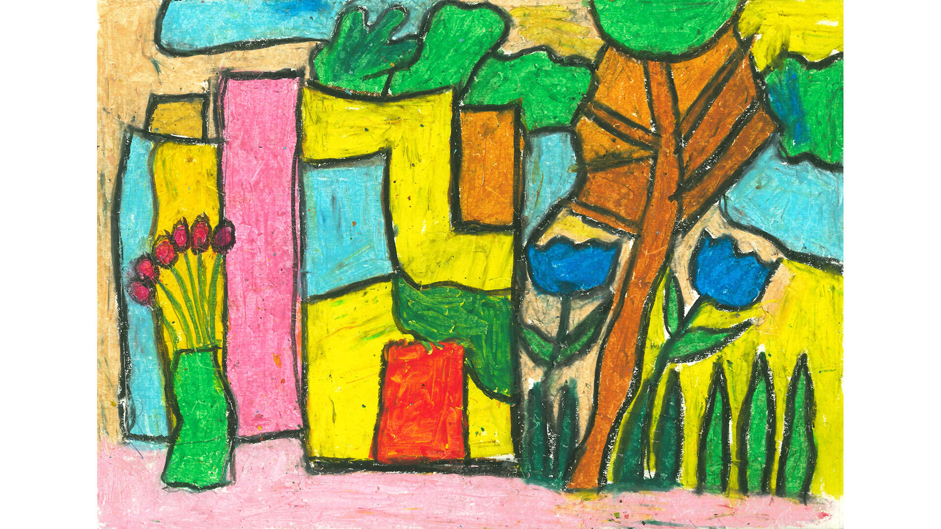 Bild einer bunten Landschaft mit Baum, Büschen und blauen und roten Tulpen