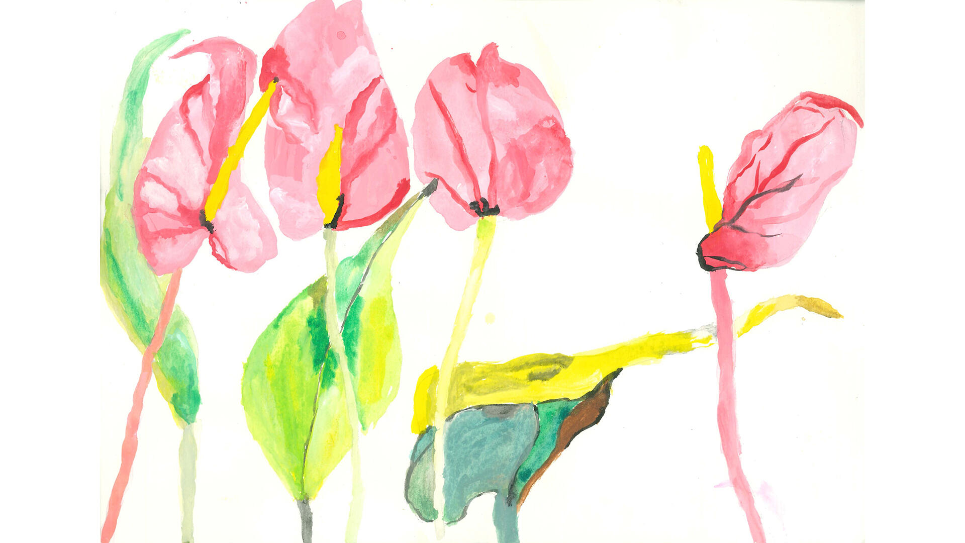 Malerei von rosa Blüten mit gelben Blütenständen und grün-gelben Blättern