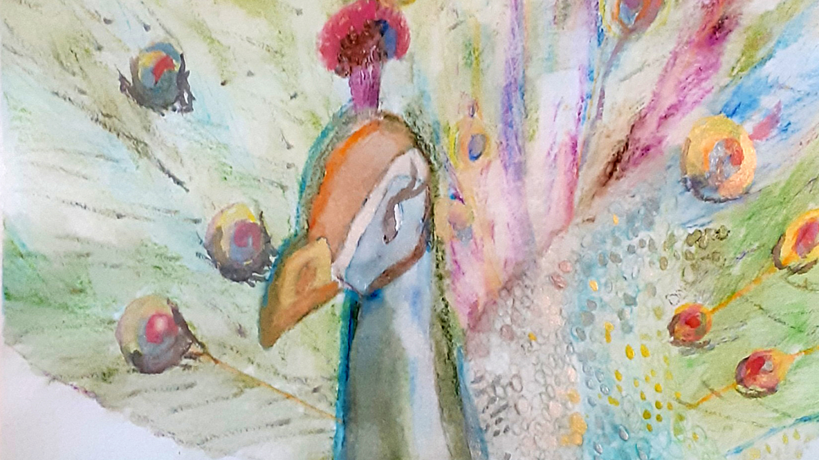 Grafik: Ein bunter Pfau, gemalt mit Aquarellfarben